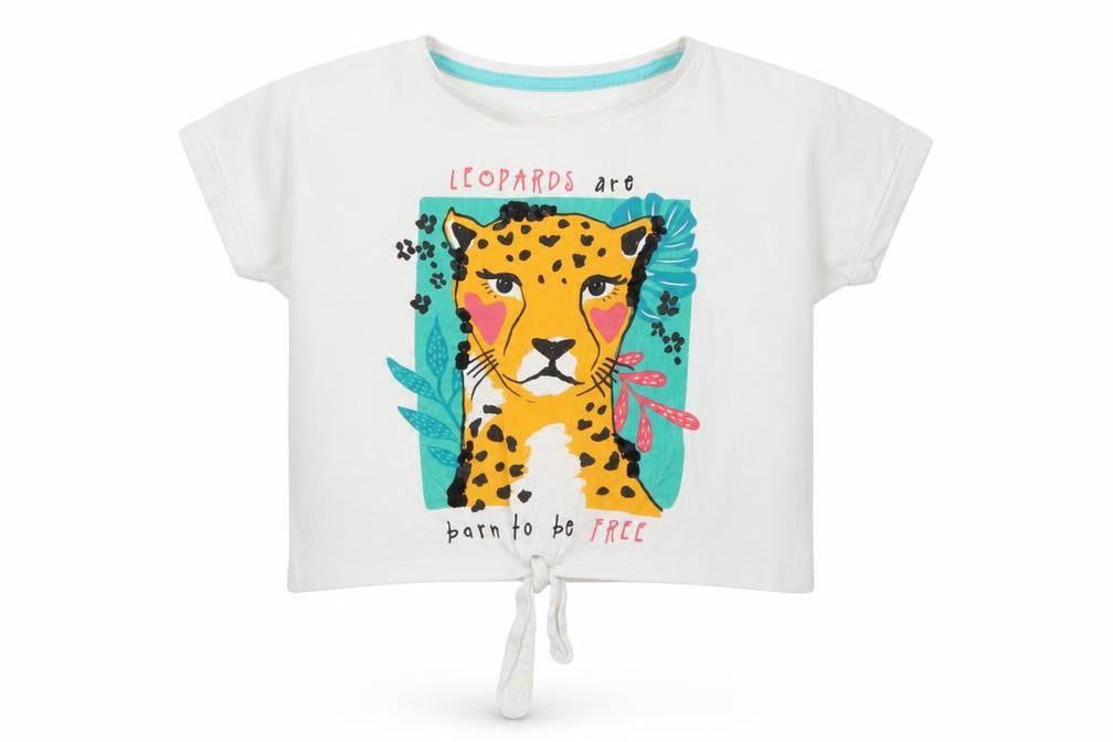 Matalan Girls White  Cotton Pullover T-Shirt Size 6 Years Crew Neck Tie - Leopard