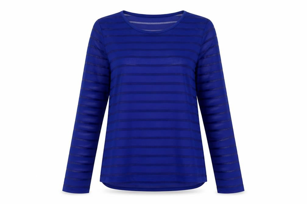 Dunnes Stores Womens Blue Striped Polyester Basic Blouse Size 10 Crew Neck
