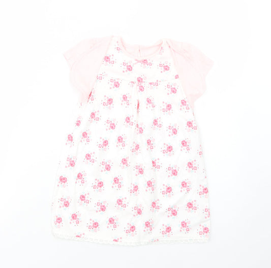 George Baby White Floral Cotton T-Shirt Dress  Size 18-24 Months  Crew Neck Button