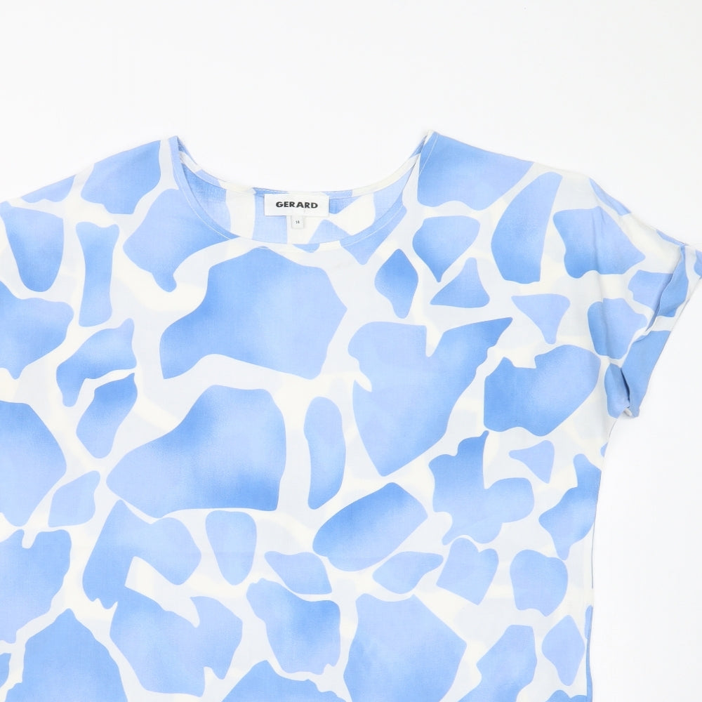 Gerard Womens Blue Geometric Viscose Basic Blouse Size 14 Crew Neck