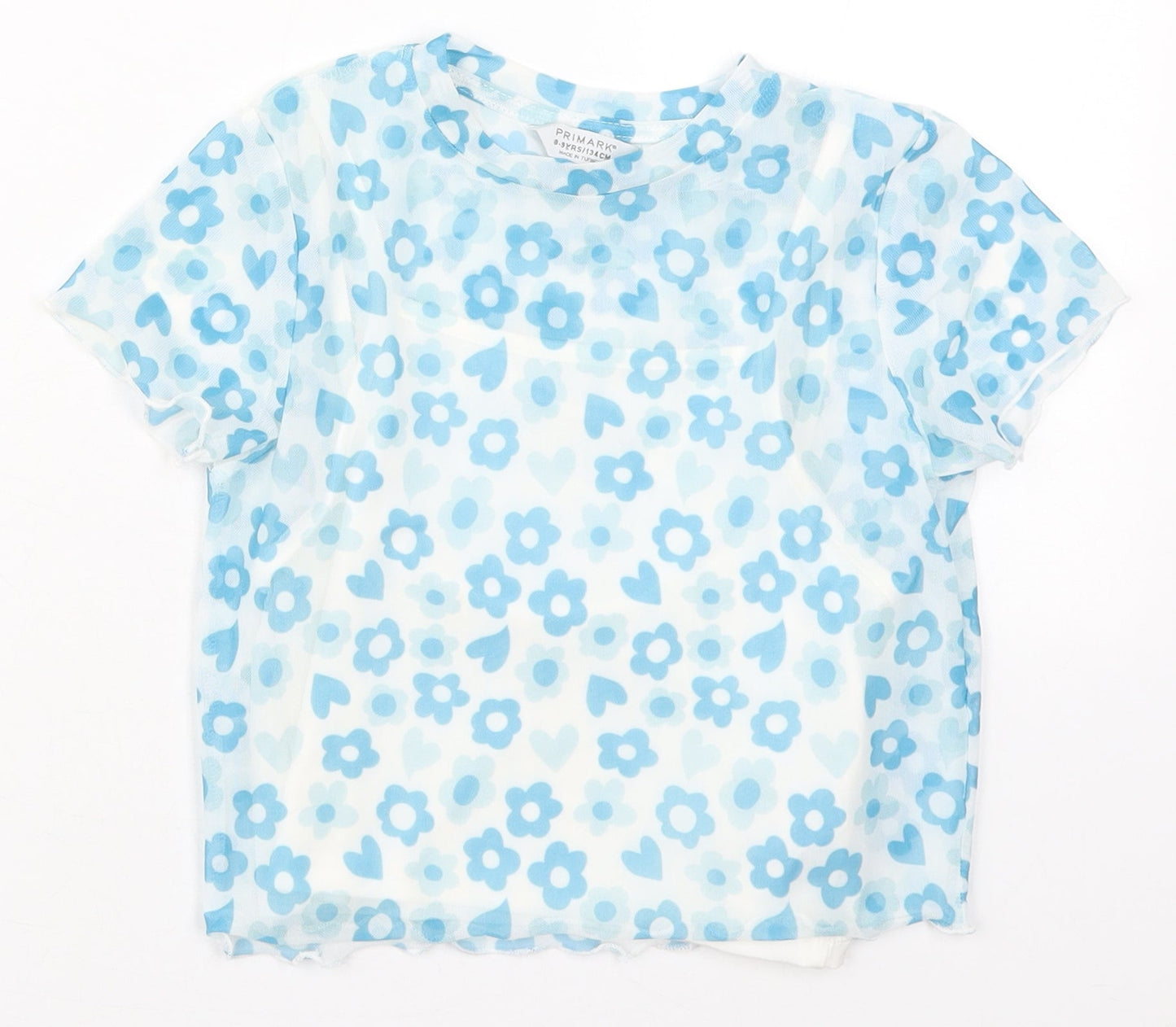 Primark Girls Blue Floral Polyester Basic T-Shirt Size 8-9 Years Crew Neck Pullover