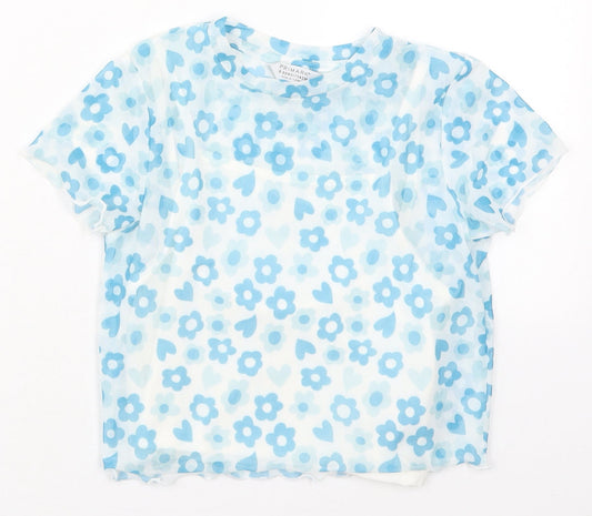 Primark Girls Blue Floral Polyester Basic T-Shirt Size 8-9 Years Crew Neck Pullover