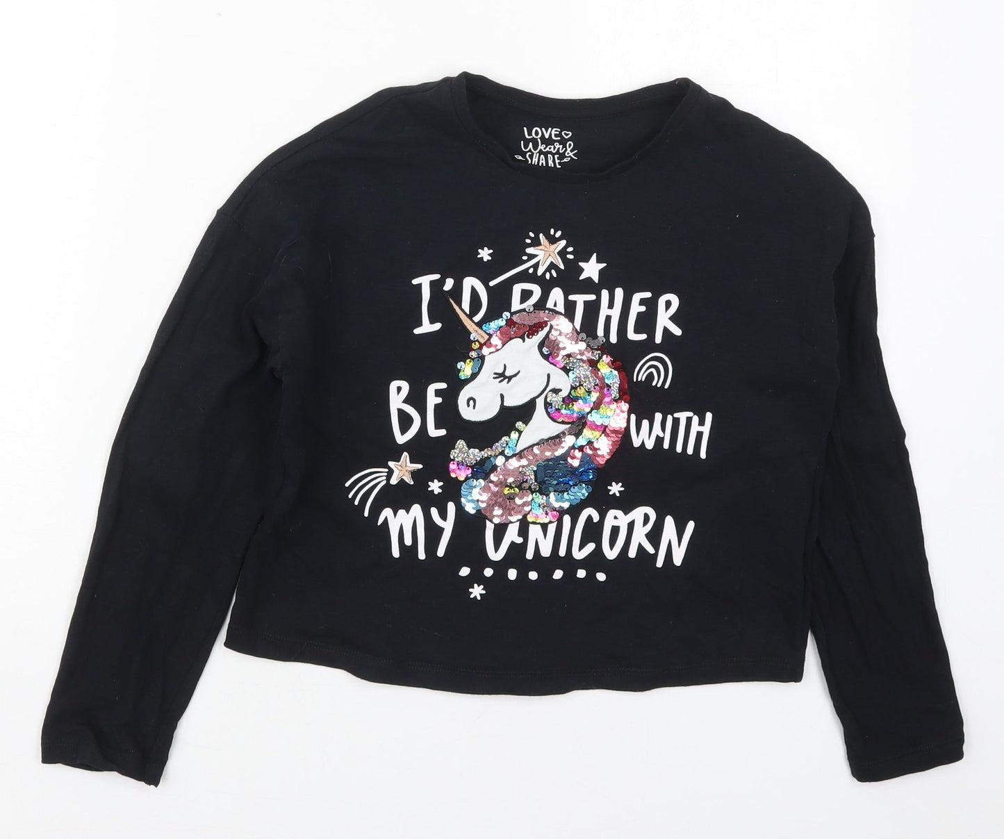 F&F Girls Black  Cotton Cropped T-Shirt Size 9-10 Years Crew Neck Pullover - I'd Rather Be With My Unicorn