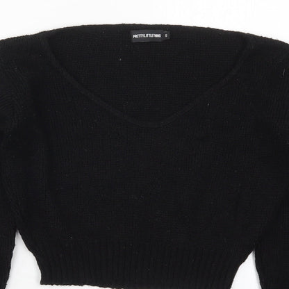 PRETTYLITTLETHING Womens Black V-Neck  Acrylic Pullover Jumper Size S