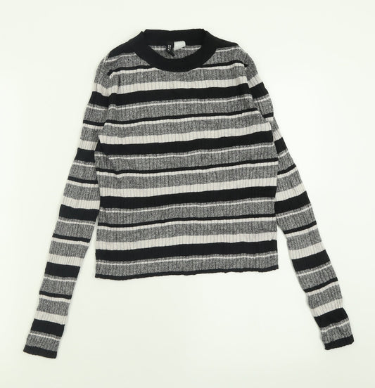H&M Womens Grey Striped Viscose Cropped T-Shirt Size S Crew Neck