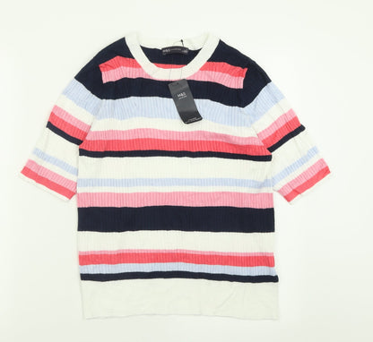 Preloved Marks and Spencer Womens Pink Crew Neck Striped Viscose Pullover Jumper Size 16 - Front