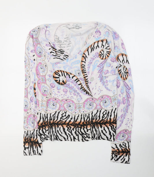 TIFFANY  Womens White Paisley Polyester Jersey T-Shirt Size 10 Round Neck