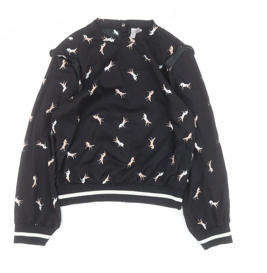 Japna Girls Black  100% Polyester Pullover Blouse Size 12 Years Round Neck Snap - Horse