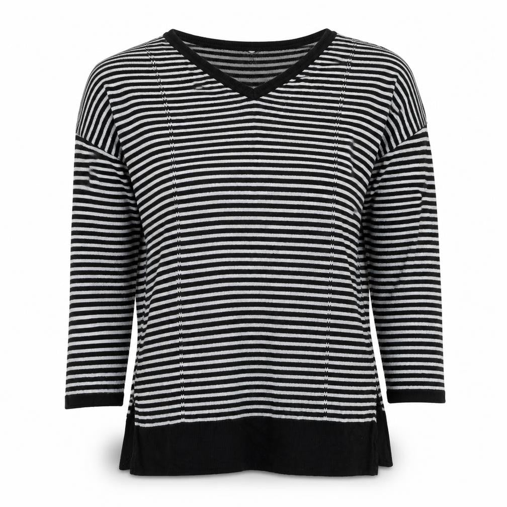 Preworn Womens Black V-Neck Striped Polyester Pullover Jumper Size 12