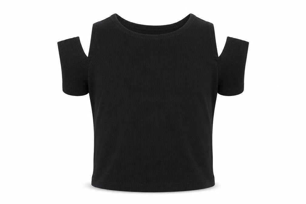 F&F Girls Black  Cotton Cropped T-Shirt Size 6-7 Years Crew Neck Pullover - Cold Shoulder