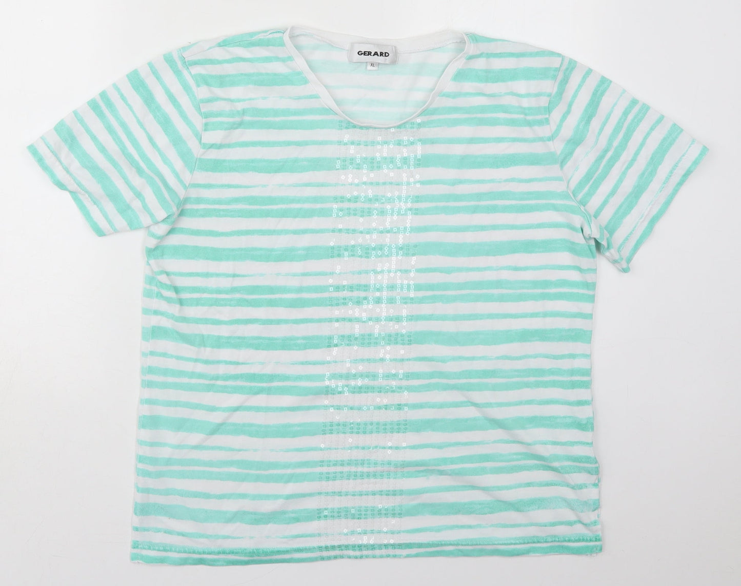 Gerard Womens Green Striped Cotton Basic T-Shirt Size XL Crew Neck