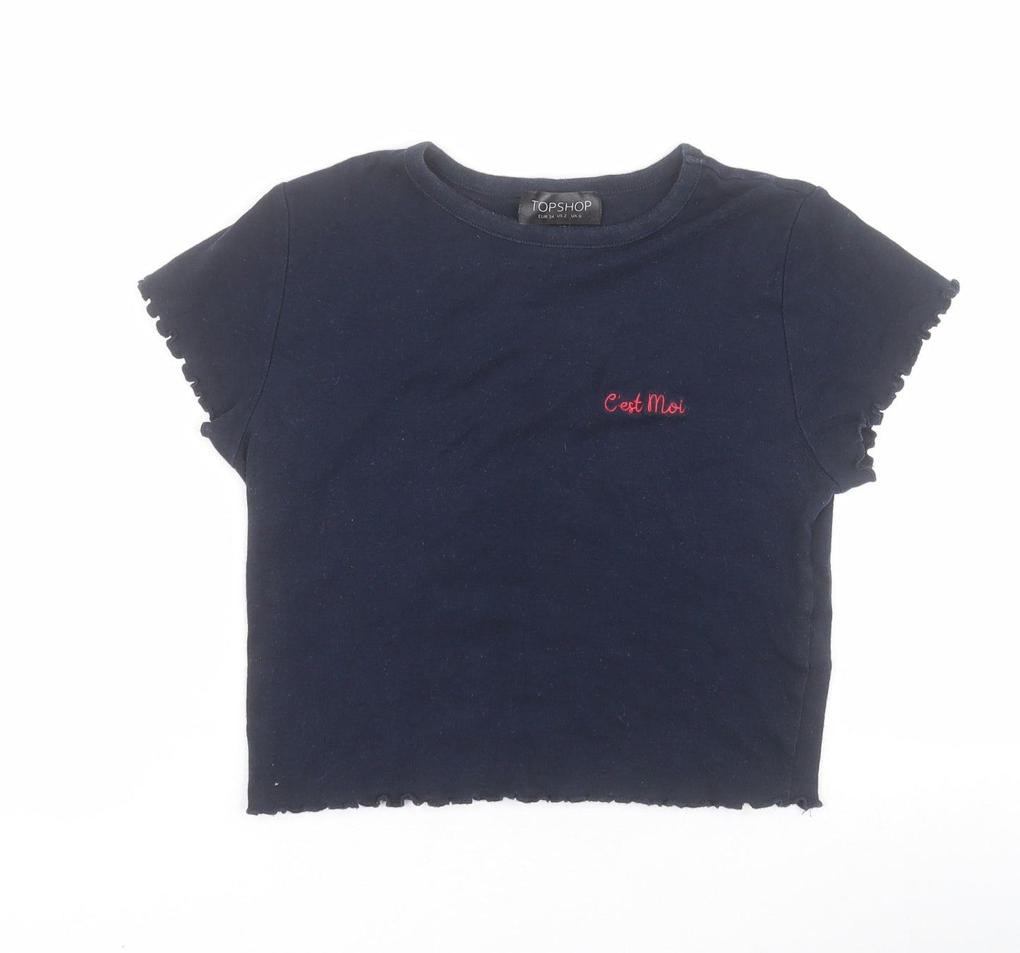 Topshop Womens Blue  100% Cotton Cropped T-Shirt Size 6 Round Neck - C'est moi