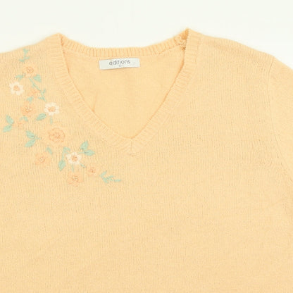 Editions Womens Orange Floral Acrylic Basic T-Shirt Size 12 V-Neck