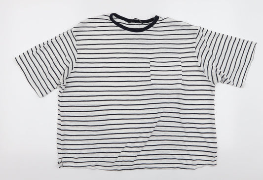 Dunnes Stores Womens White Striped Viscose Basic T-Shirt Size L Round Neck