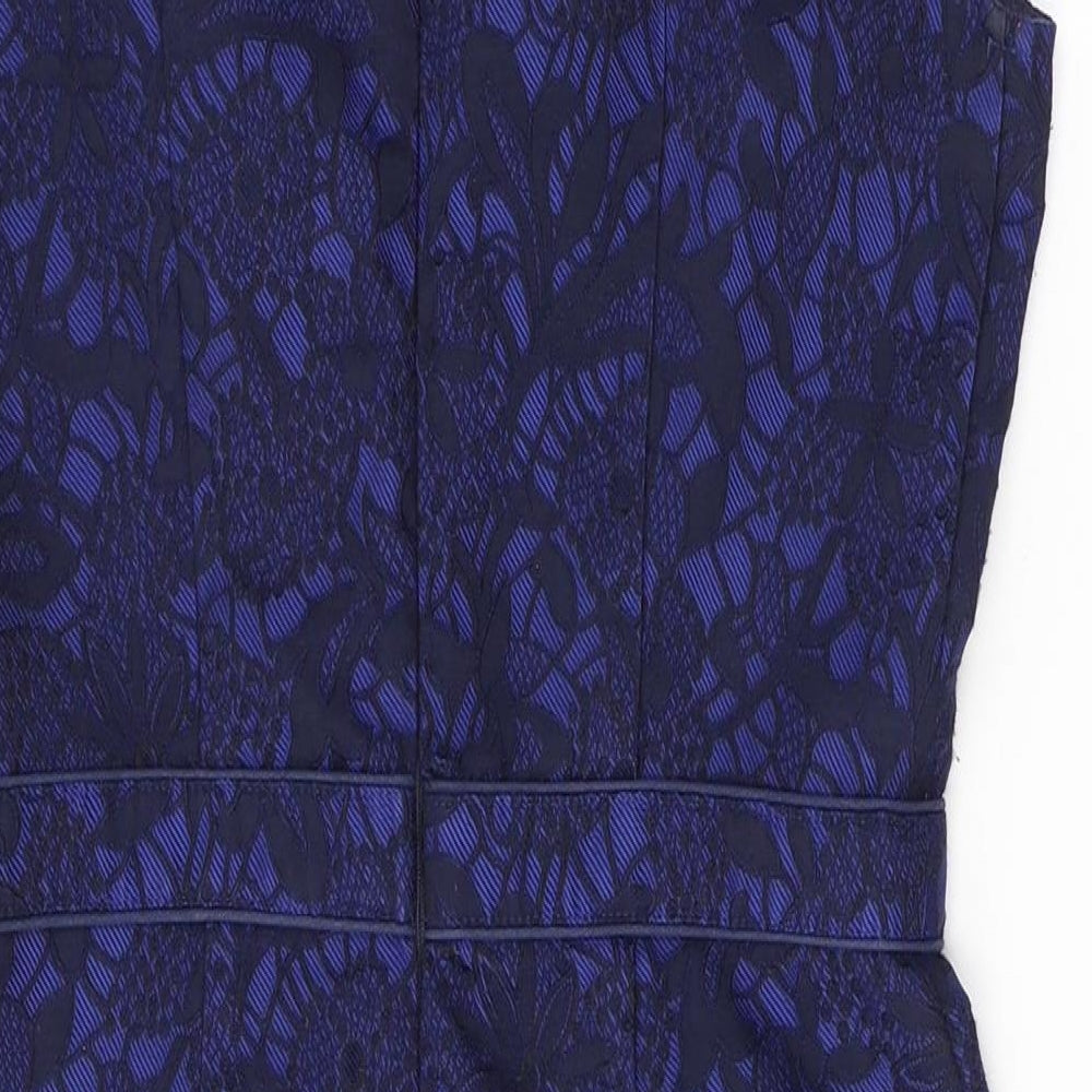 Uttam Boutique Womens Blue Floral Cotton A-Line  Size 12  V-Neck Zip