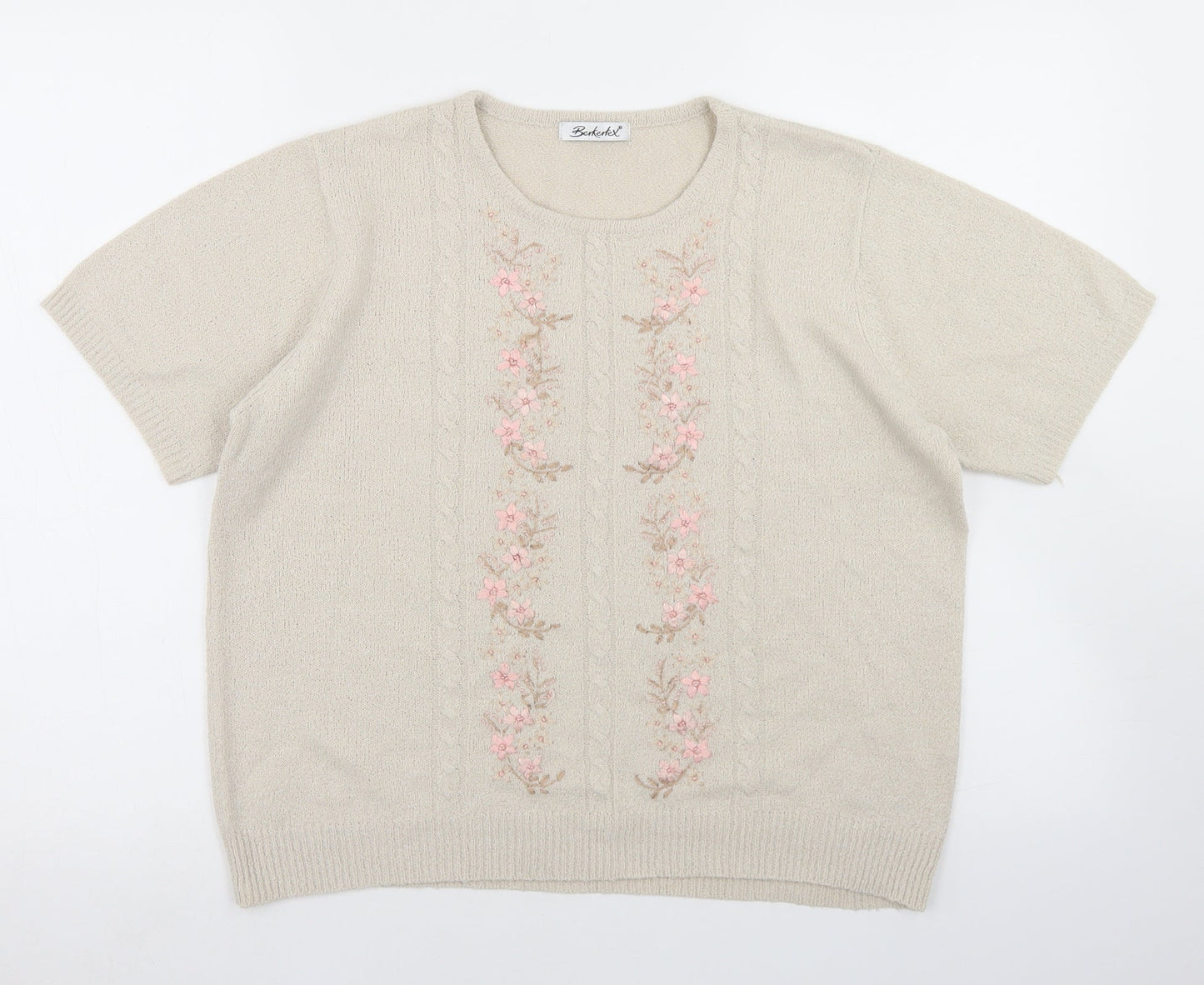 Berkertex Womens Beige Round Neck  Acrylic Pullover Jumper Size 14   - Floral Detail