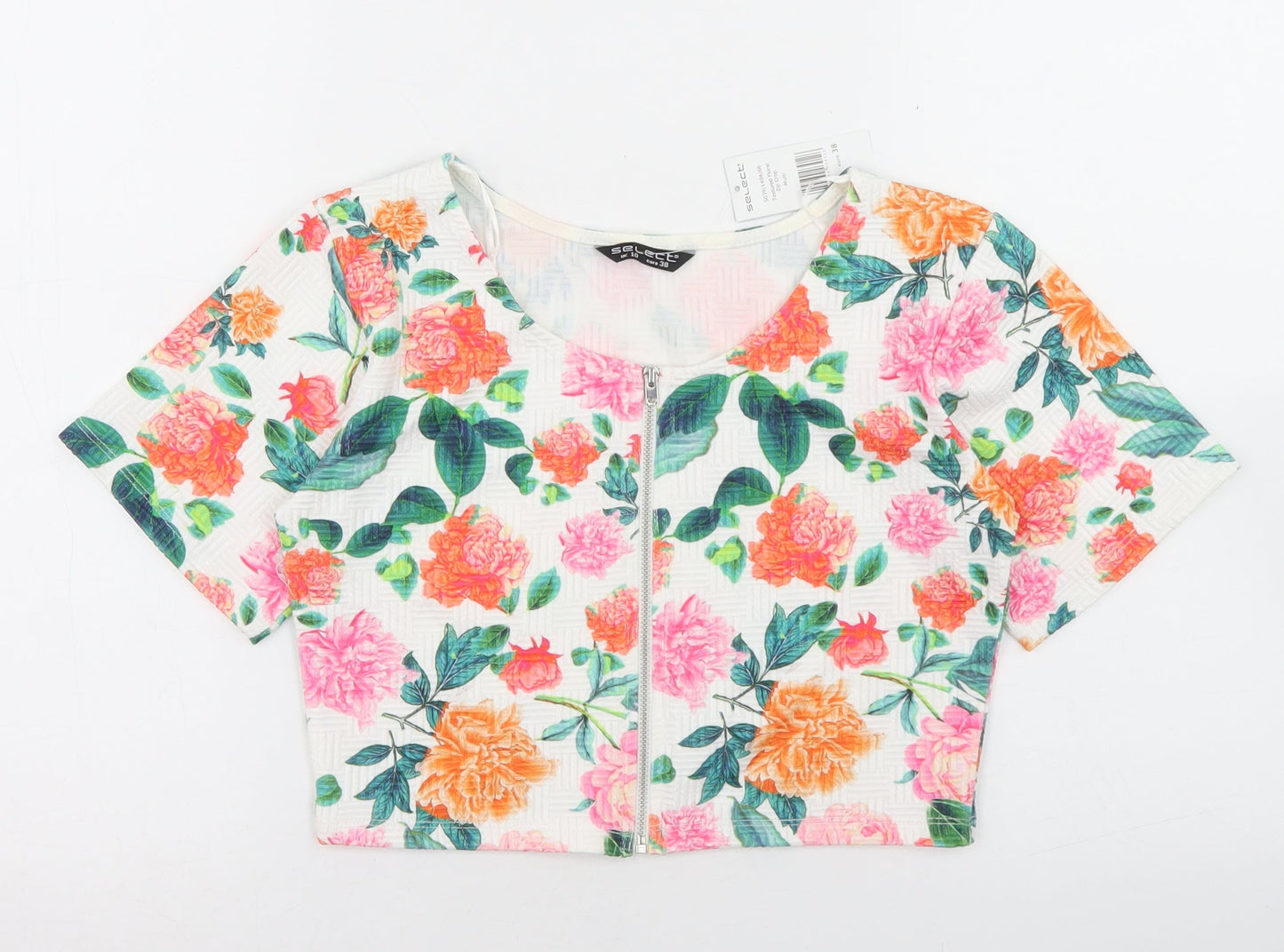 Select Womens White Floral Polyester Cropped T-Shirt Size 10 Round Neck