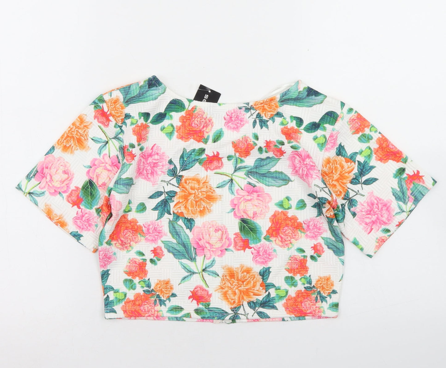 Select Womens White Floral Polyester Cropped T-Shirt Size 10 Round Neck