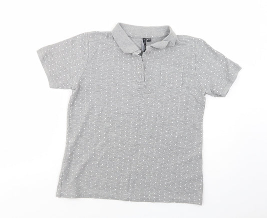 Essentials Womens Grey Polka Dot Cotton Basic Polo Size 8 Collared