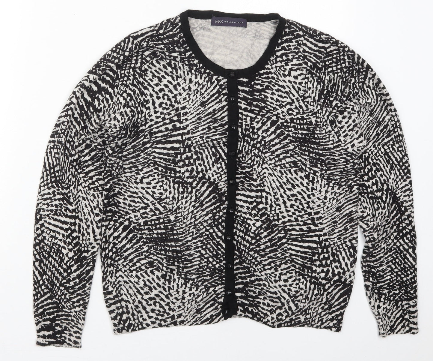 Marks and Spencer Womens Black Crew Neck Animal Print Viscose Cardigan Jumper Size 14
