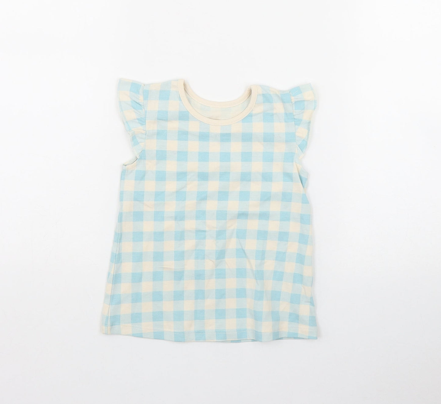 Georgwe Girls Blue Gingham Cotton Basic T-Shirt Size 12-18 Months Round Neck Pullover
