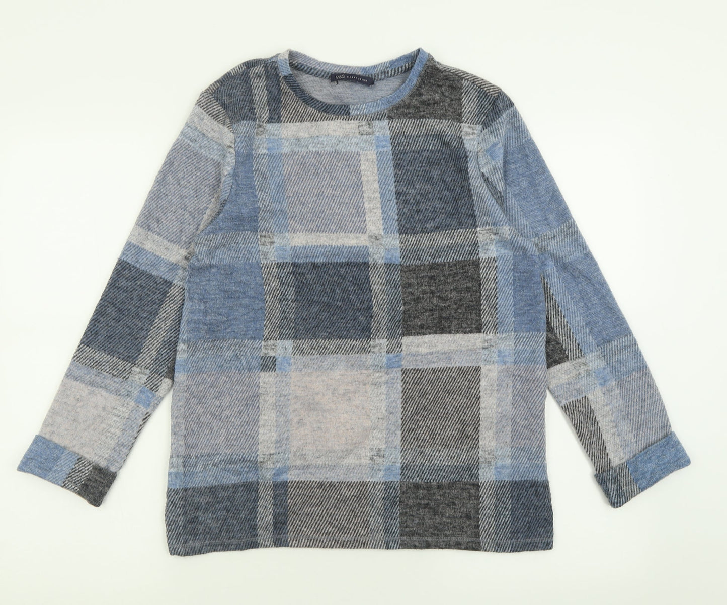 Marks and Spencer Womens Blue Crew Neck Check Polyester Pullover Jumper Size 10