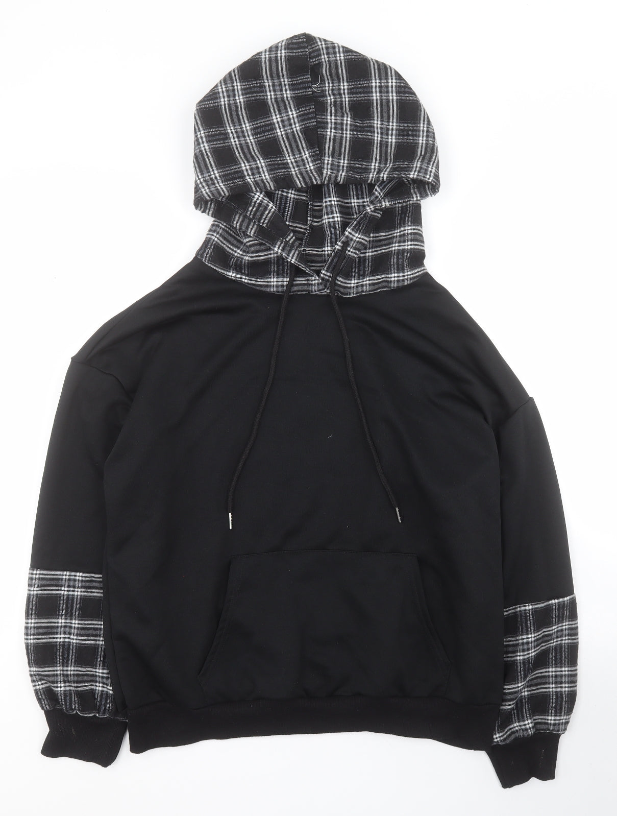 SheIn Mens Black Plaid Polyester Pullover Hoodie Size S