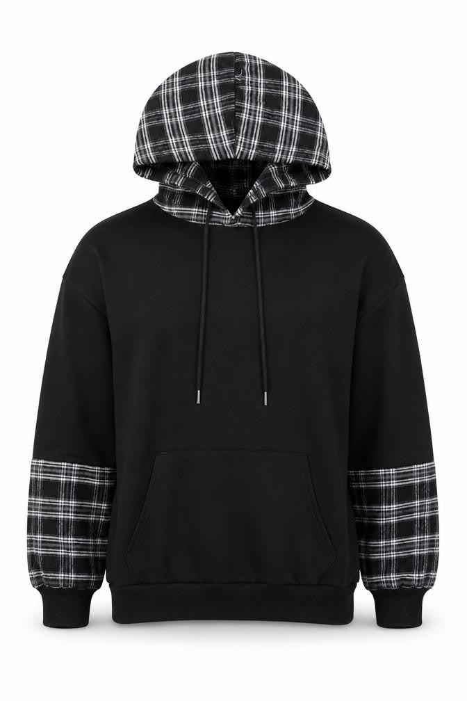 SheIn Mens Black Plaid Polyester Pullover Hoodie Size S
