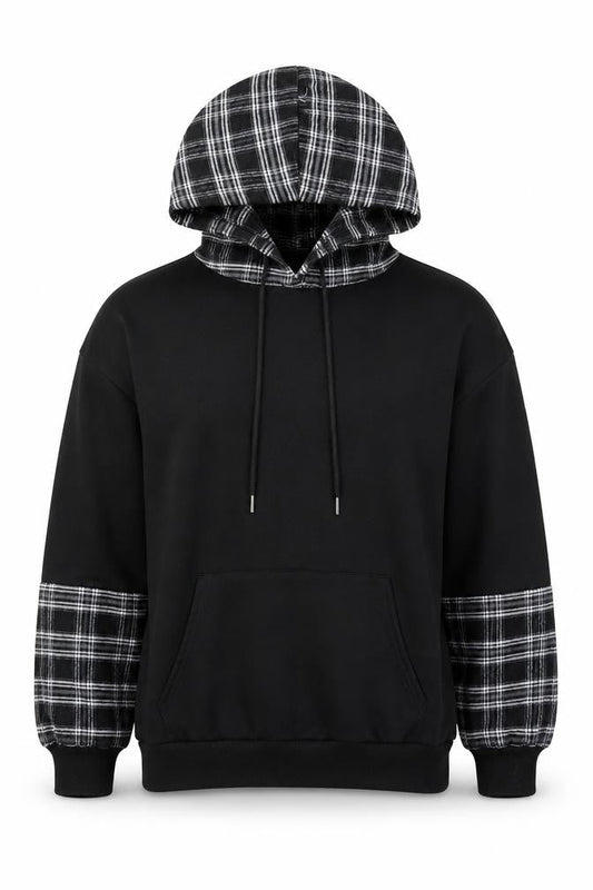 SHEIN Mens Black Plaid Polyester Pullover Hoodie Size S