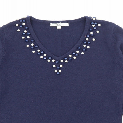 Klass Womens Blue V-Neck  Acrylic Pullover Jumper Size S