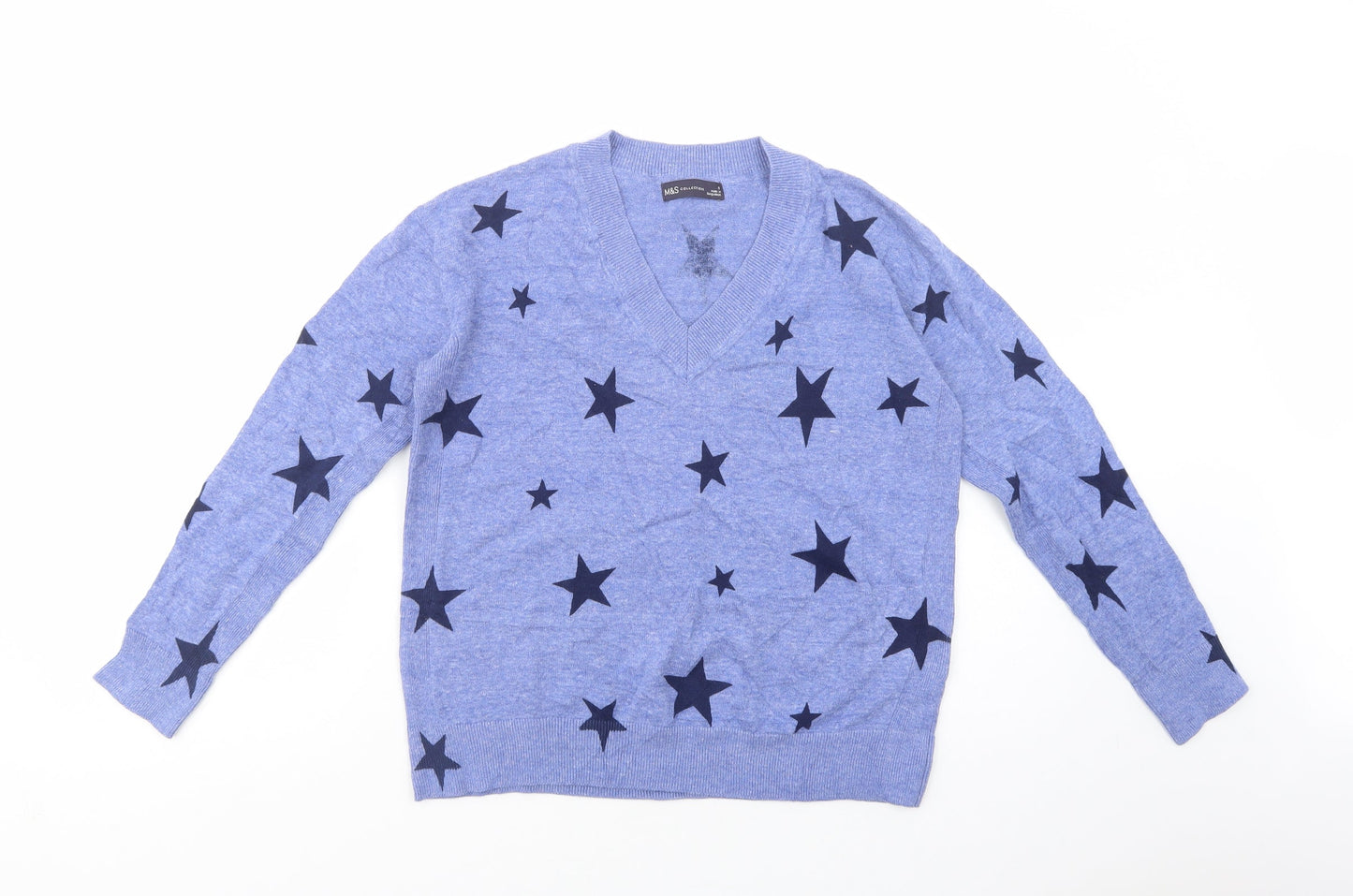 Marks and Spencer Womens Blue V-Neck Geometric Cotton Pullover Jumper Size S   - Star Print