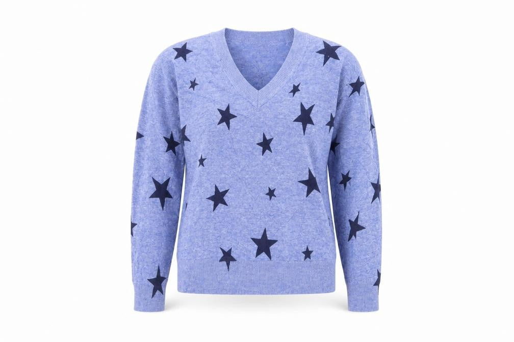 Marks & Spencer Womens Blue V-Neck Geometric Cotton Pullover Jumper Size S   - Star Print