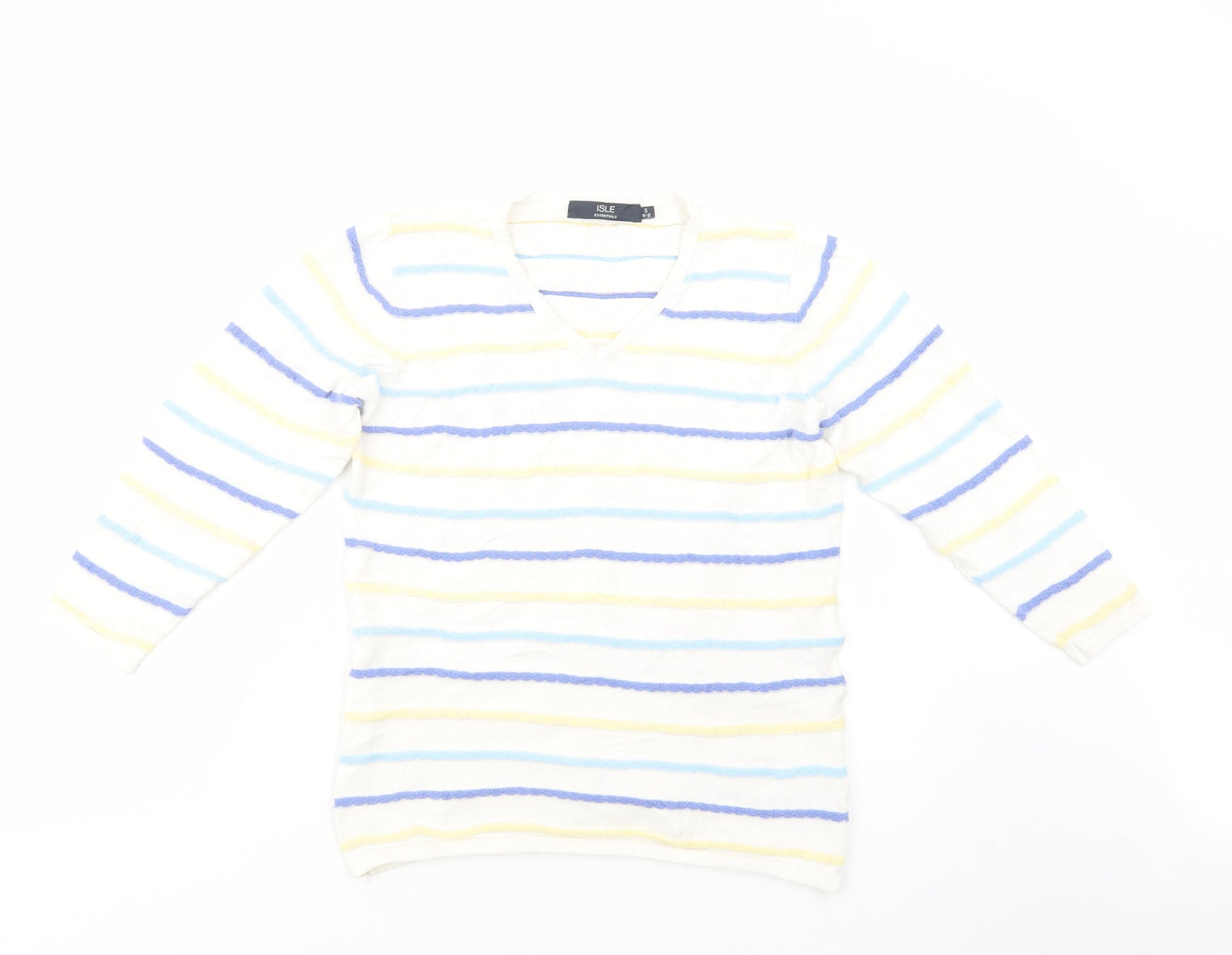 Isle Womens White V-Neck Striped Cotton Pullover Jumper Size 10