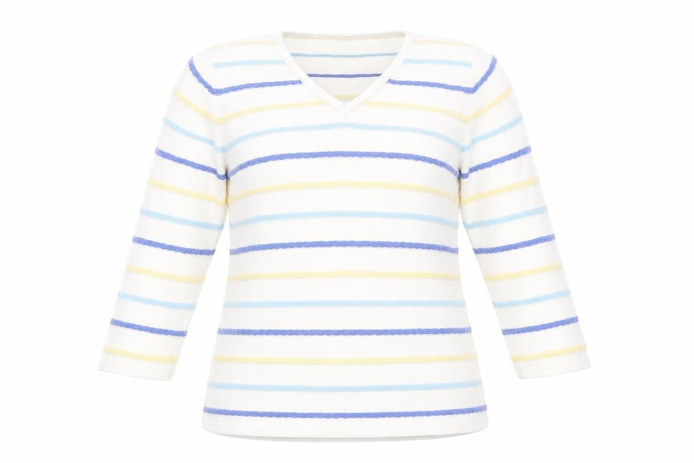 Isle Womens White V-Neck Striped Cotton Pullover Jumper Size 10