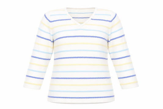 Isle Womens White V-Neck Striped Cotton Pullover Jumper Size 10