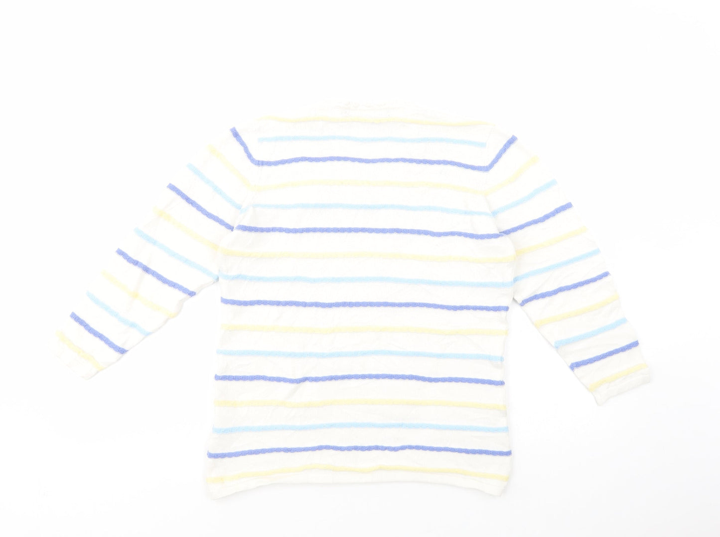 Isle Womens White V-Neck Striped Cotton Pullover Jumper Size 10