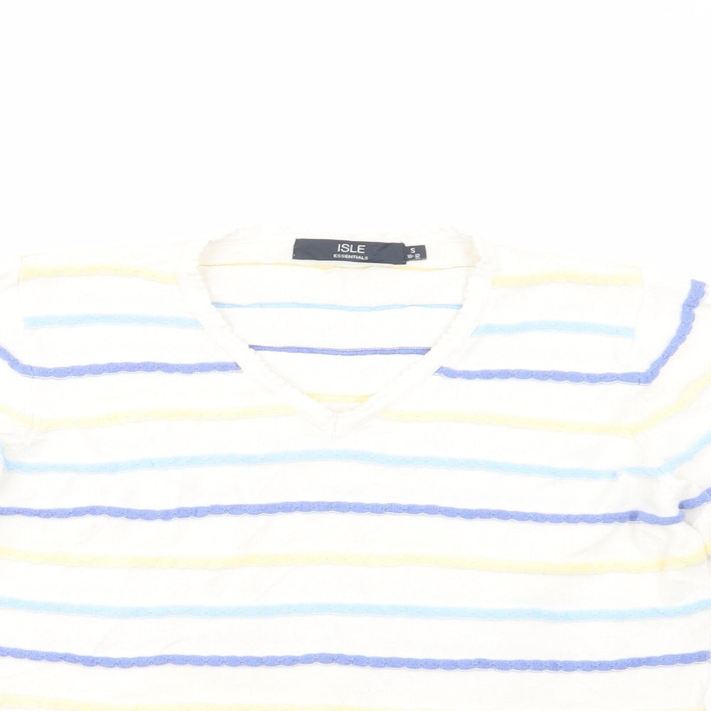 Isle Womens White V-Neck Striped Cotton Pullover Jumper Size 10