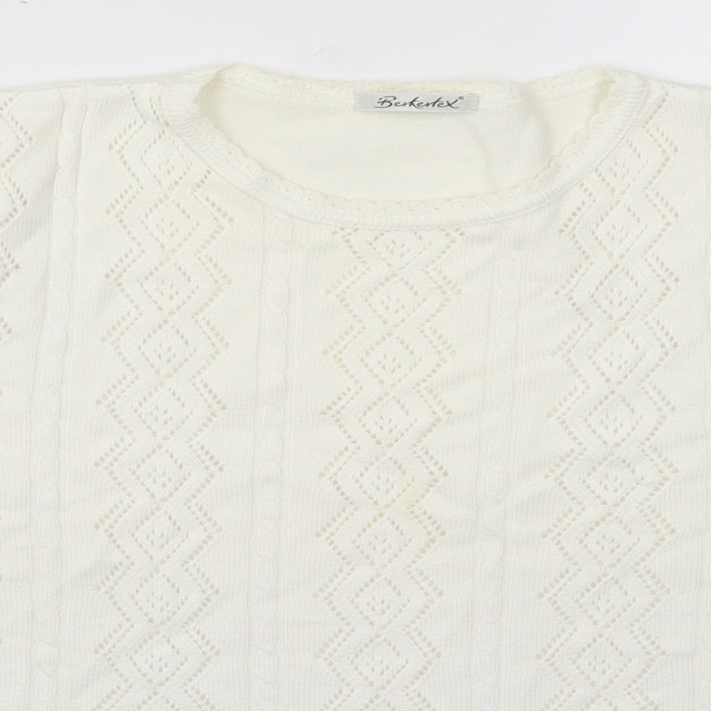 Berkertex Womens White Crew Neck Geometric Cotton Pullover Jumper Size L