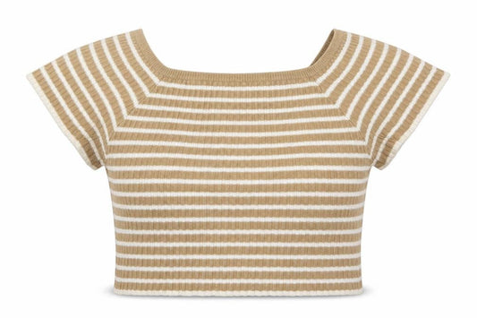 Rosario Womens Beige Striped Polyester Cropped T-Shirt Size M Square Neck