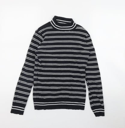 Savida Womens Blue Mock Neck Striped Cotton Pullover Jumper Size L