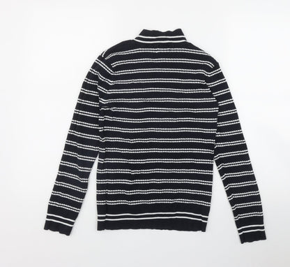 Savida Womens Blue Mock Neck Striped Cotton Pullover Jumper Size L