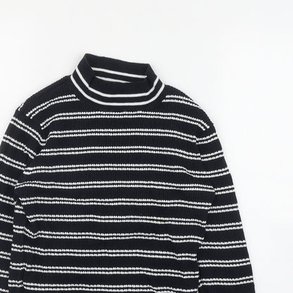 Savida Womens Blue Mock Neck Striped Cotton Pullover Jumper Size L