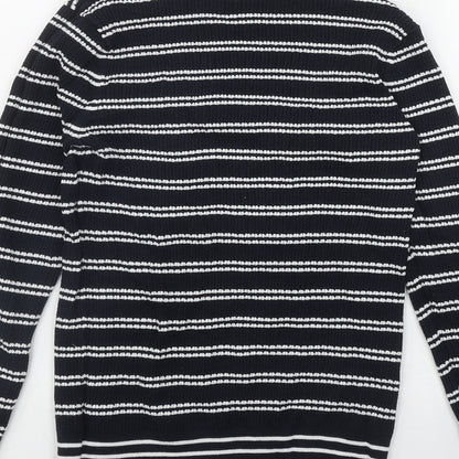 Savida Womens Blue Mock Neck Striped Cotton Pullover Jumper Size L