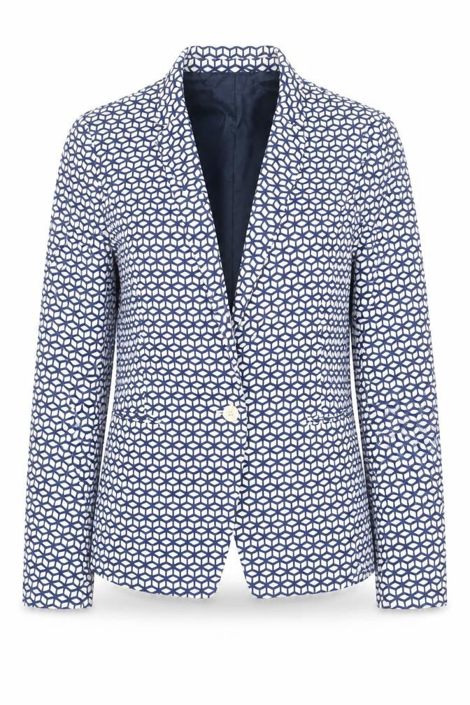 Spirit Womens Blue Geometric  Jacket Blazer Size 12  Button