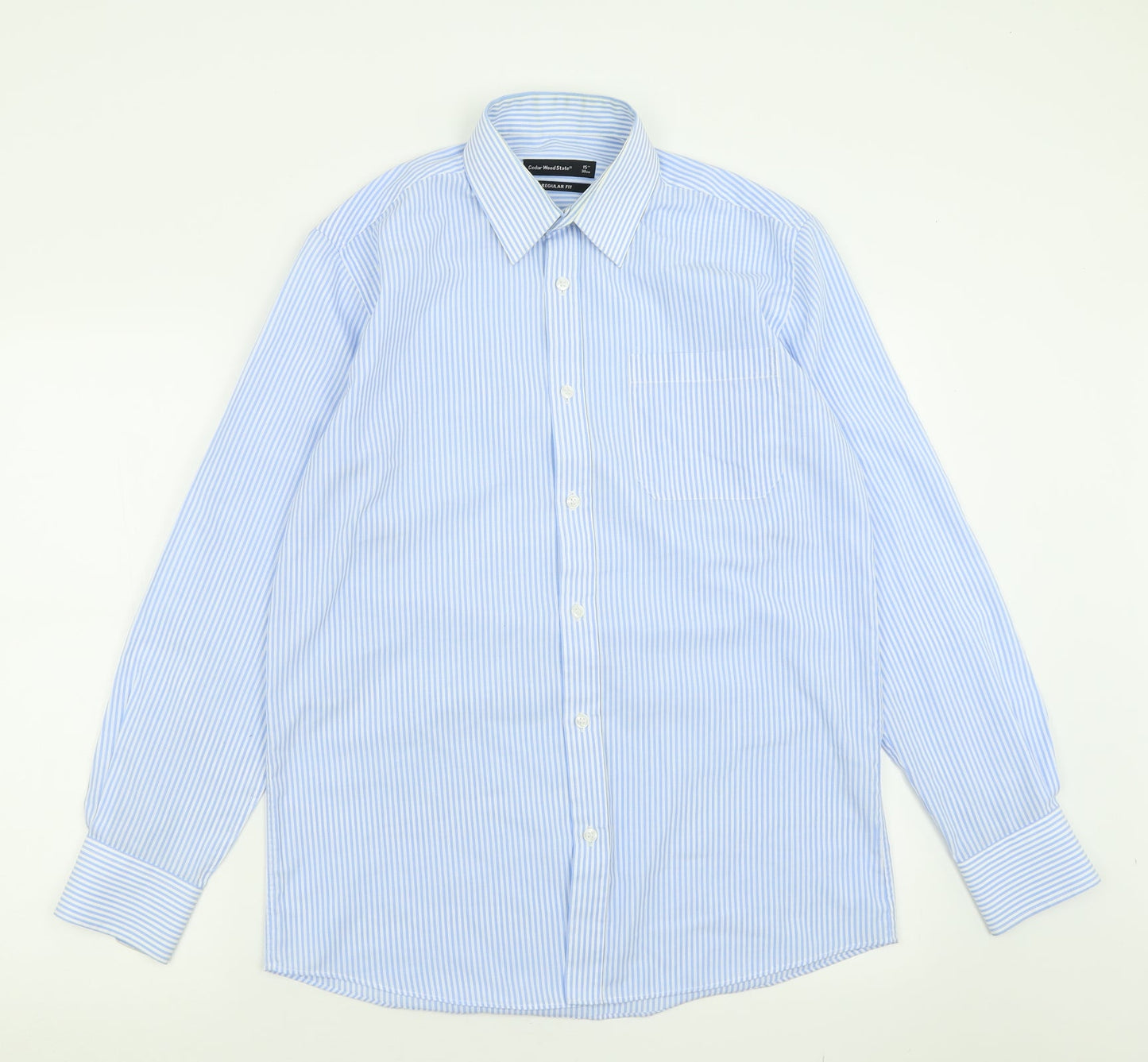 Cedar Wood State Mens Blue Striped Cotton  Button-Up Size 15 Collared Button