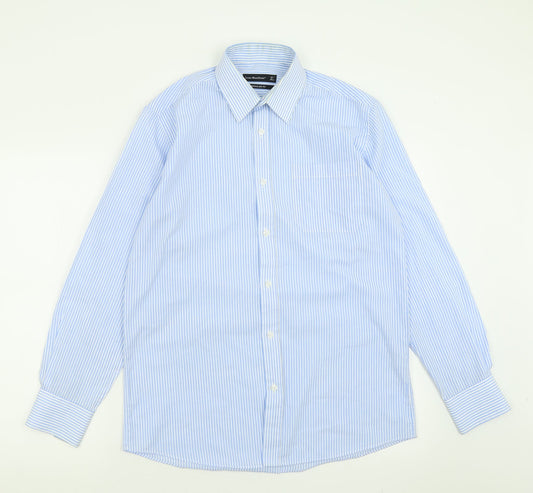 Cedar Wood State Mens Blue Striped Cotton  Button-Up Size 15 Collared Button