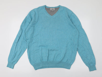 Preloved Marks and Spencer Mens Blue V-Neck  Cotton Pullover Jumper Size M - Front