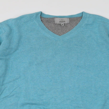 Preloved Marks and Spencer Mens Blue V-Neck  Cotton Pullover Jumper Size M - Detail