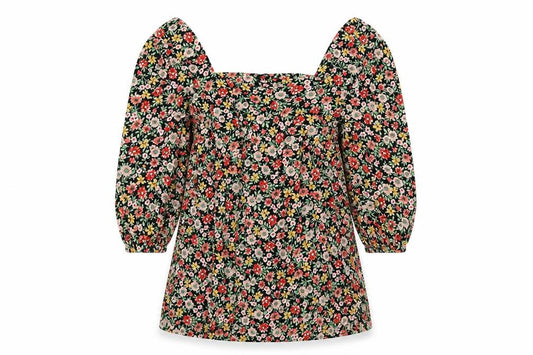 F&F Womens Black Floral Viscose Basic Blouse Size 6 Square Neck