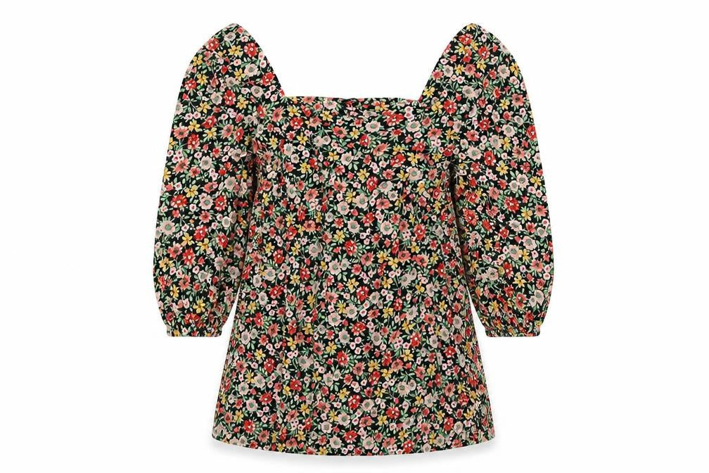 F&F Womens Black Floral Viscose Basic Blouse Size 6 Square Neck